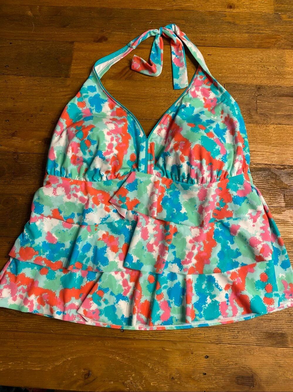 Kim Rogers 20W tankini top swimwear ruffles tiered aqua multi pink blue halter